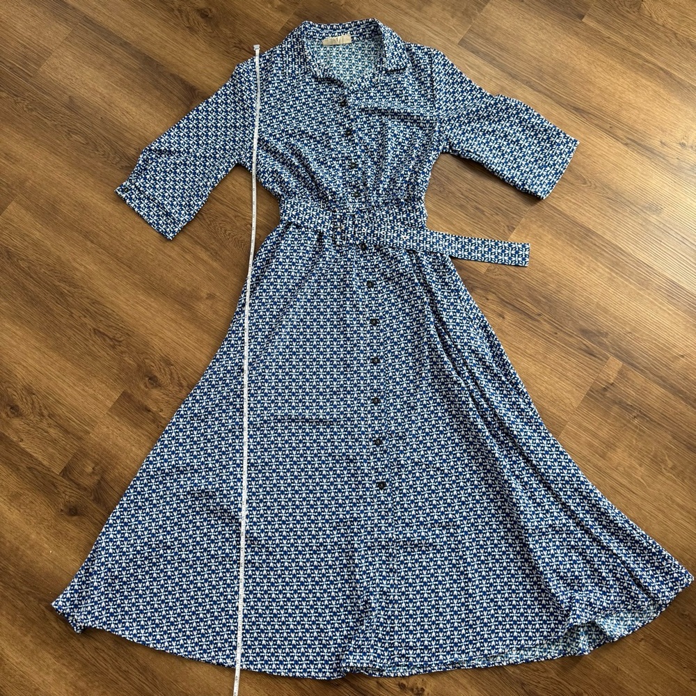 EUC - Melloday - Elegant Blue Patterned Women's Belted Midi Dress with Collar - Picture 9 of 11